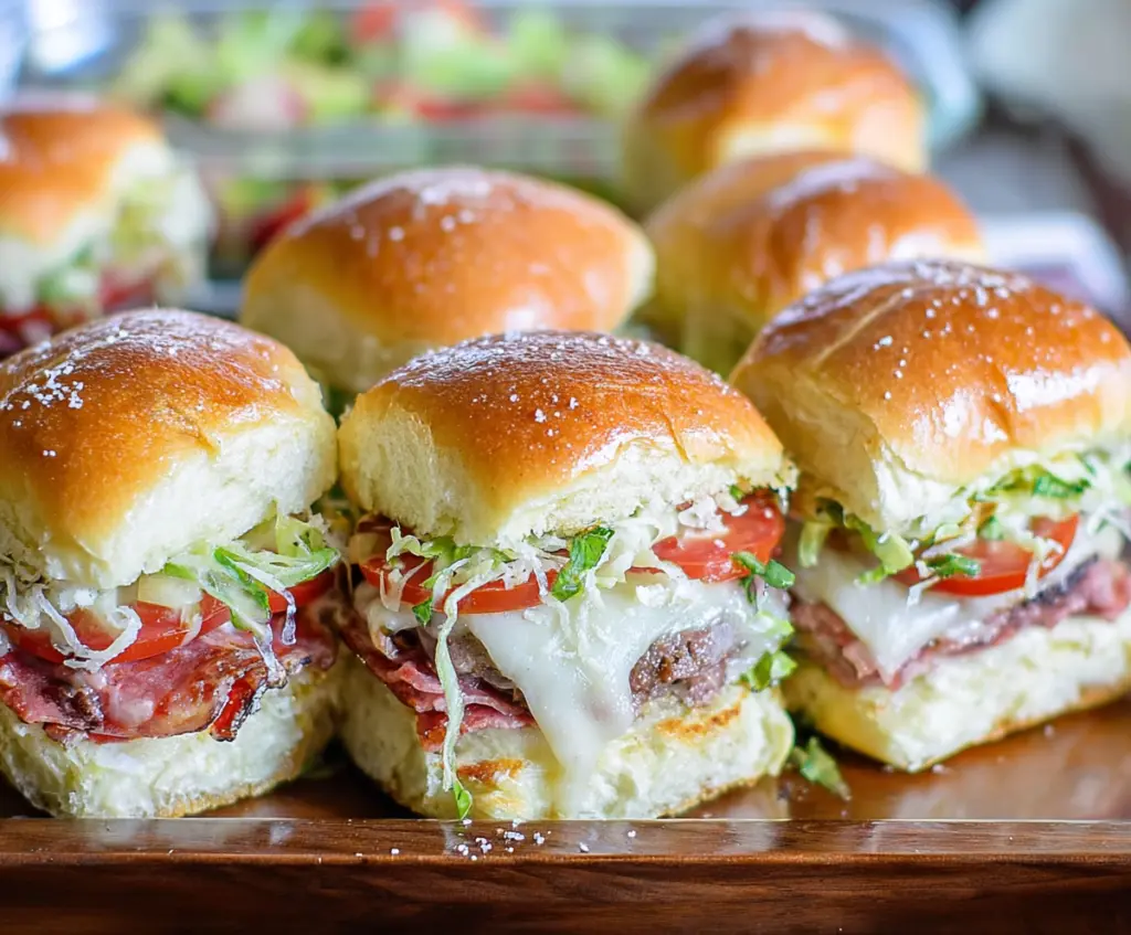 Delicious Italian Grinder Sliders with melted cheese, cured meats, and fresh vegetables on a toasted bun.
