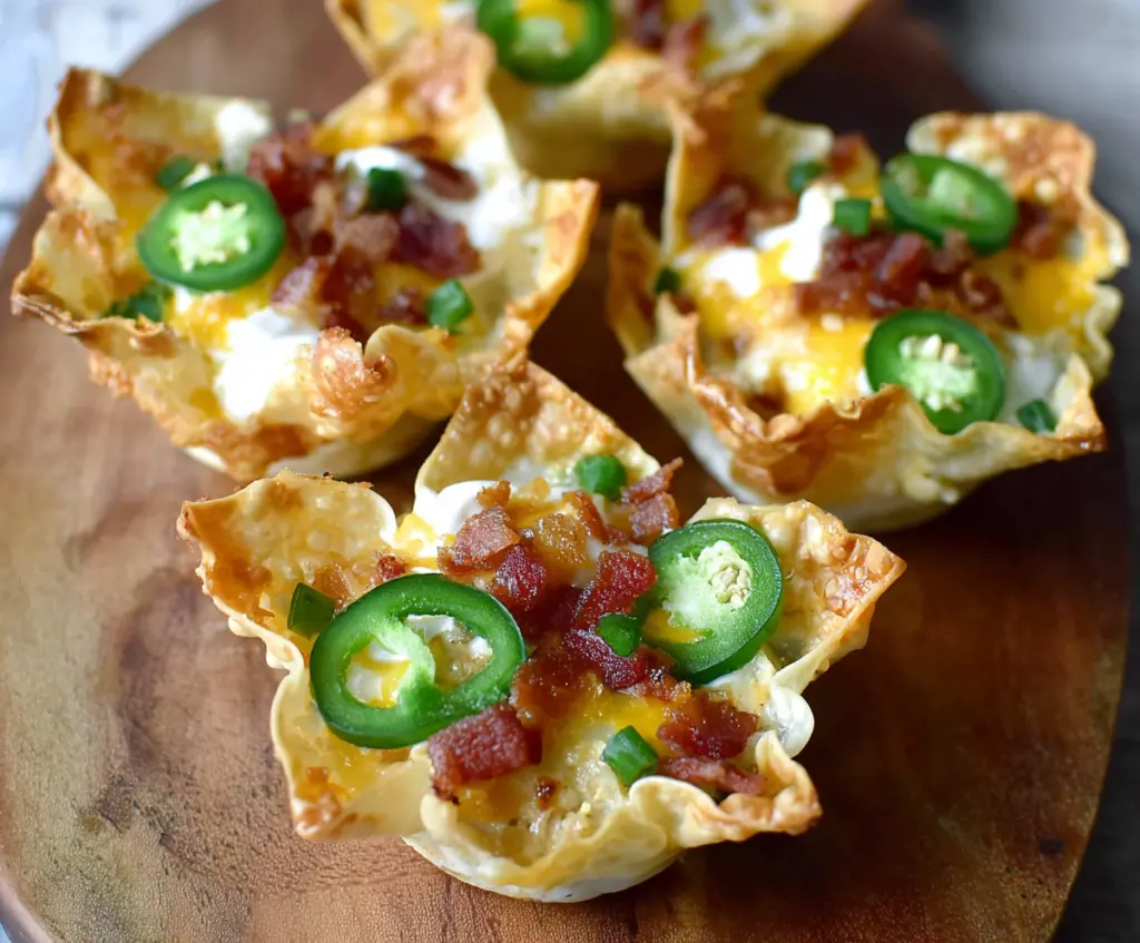 Crispy Jalapeno Popper Wonton Cups filled with creamy cheese and sliced jalapenos, perfect for appetizers.