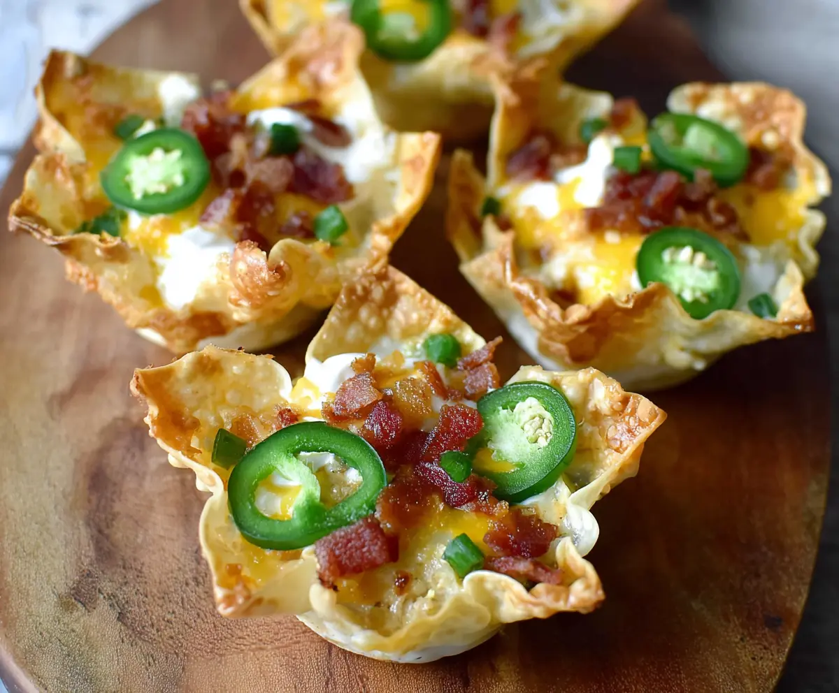 Crispy Jalapeno Popper Wonton Cups filled with creamy cheese and sliced jalapenos, perfect for appetizers.