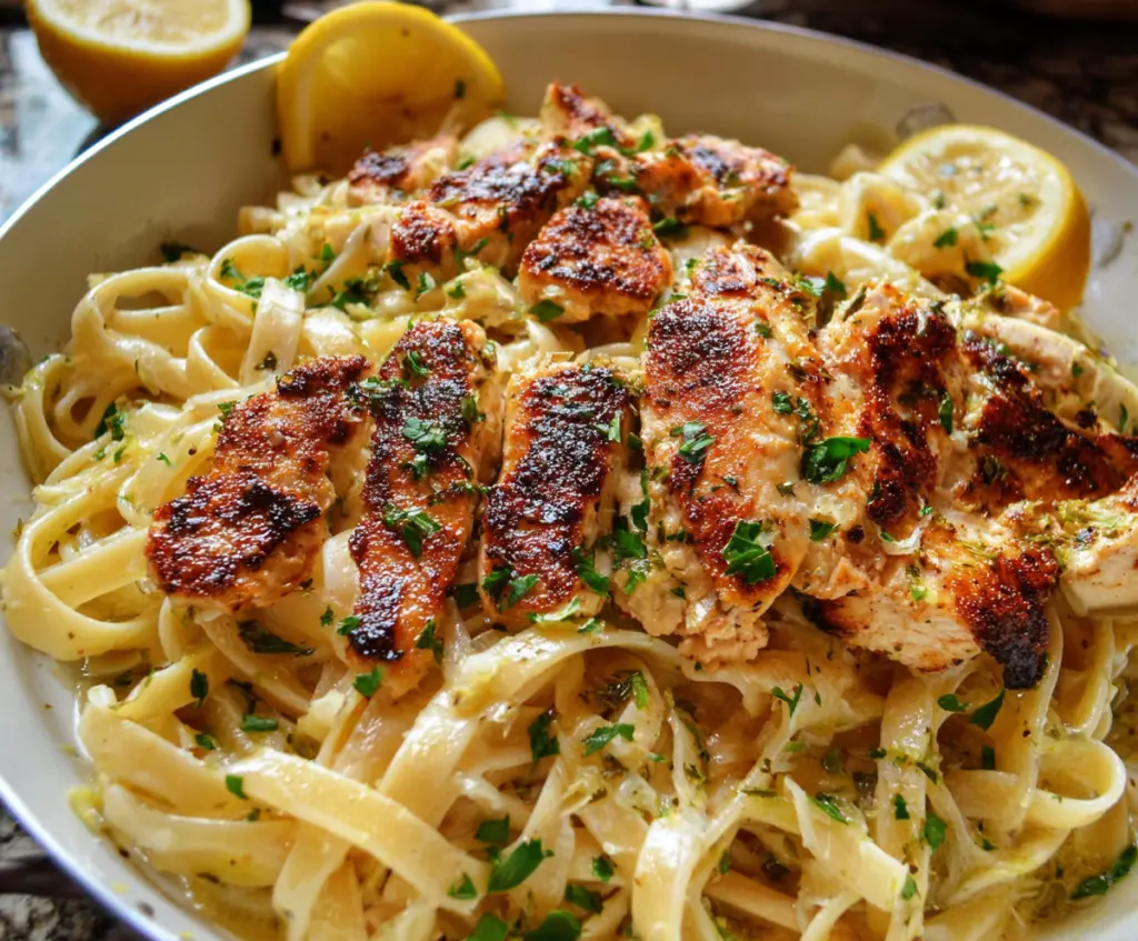 Delicious lemon chicken pasta garnished with fresh herbs on a white plate.