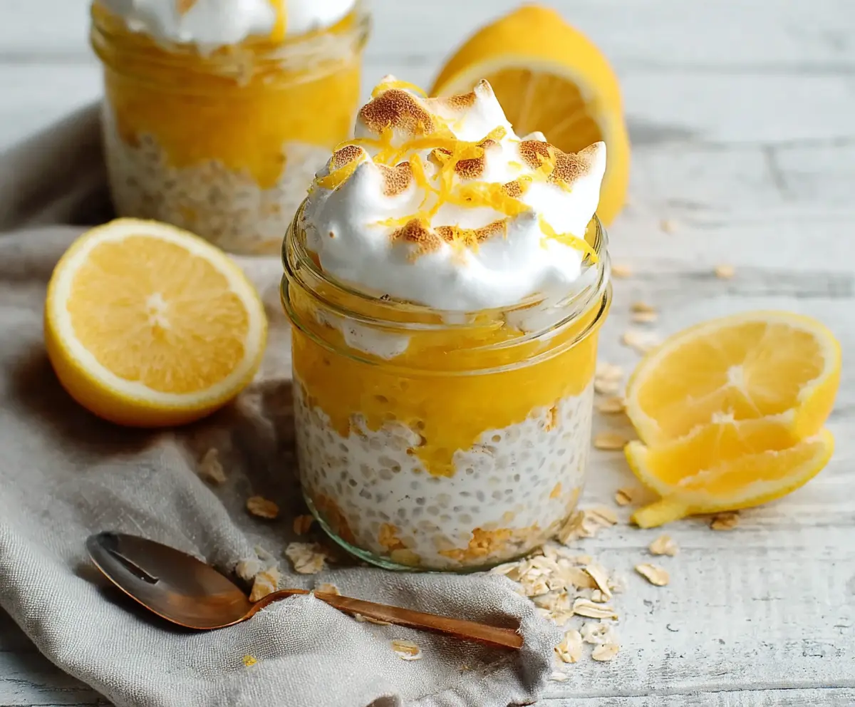 Creamy Lemon Meringue Pie Overnight Oats in a glass jar topped with fluffy meringue and lemon zest.