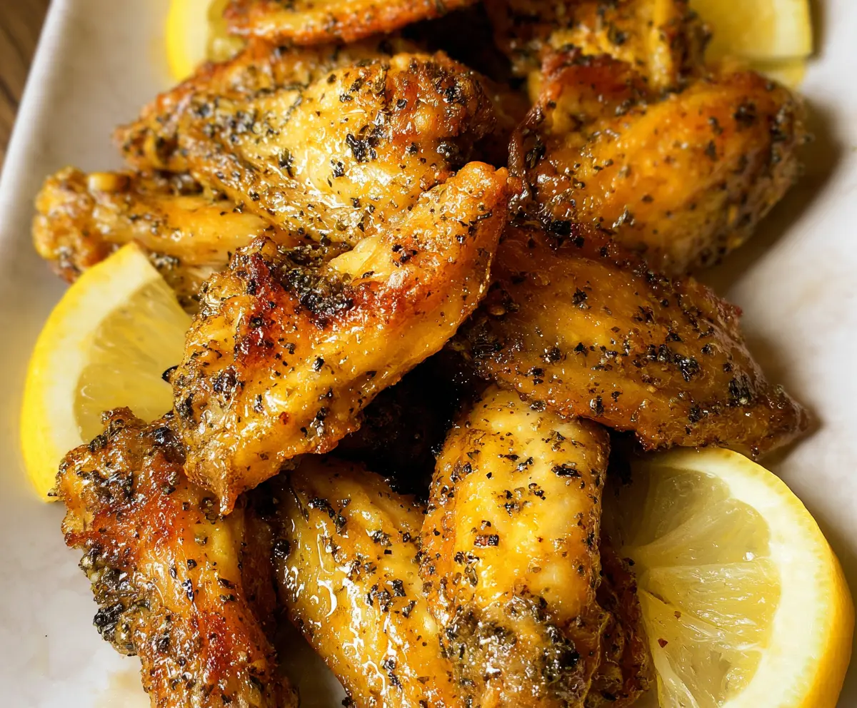 Juicy Lemon Pepper Wings on a plate with lemon wedges and herbs, perfect for party snacks.