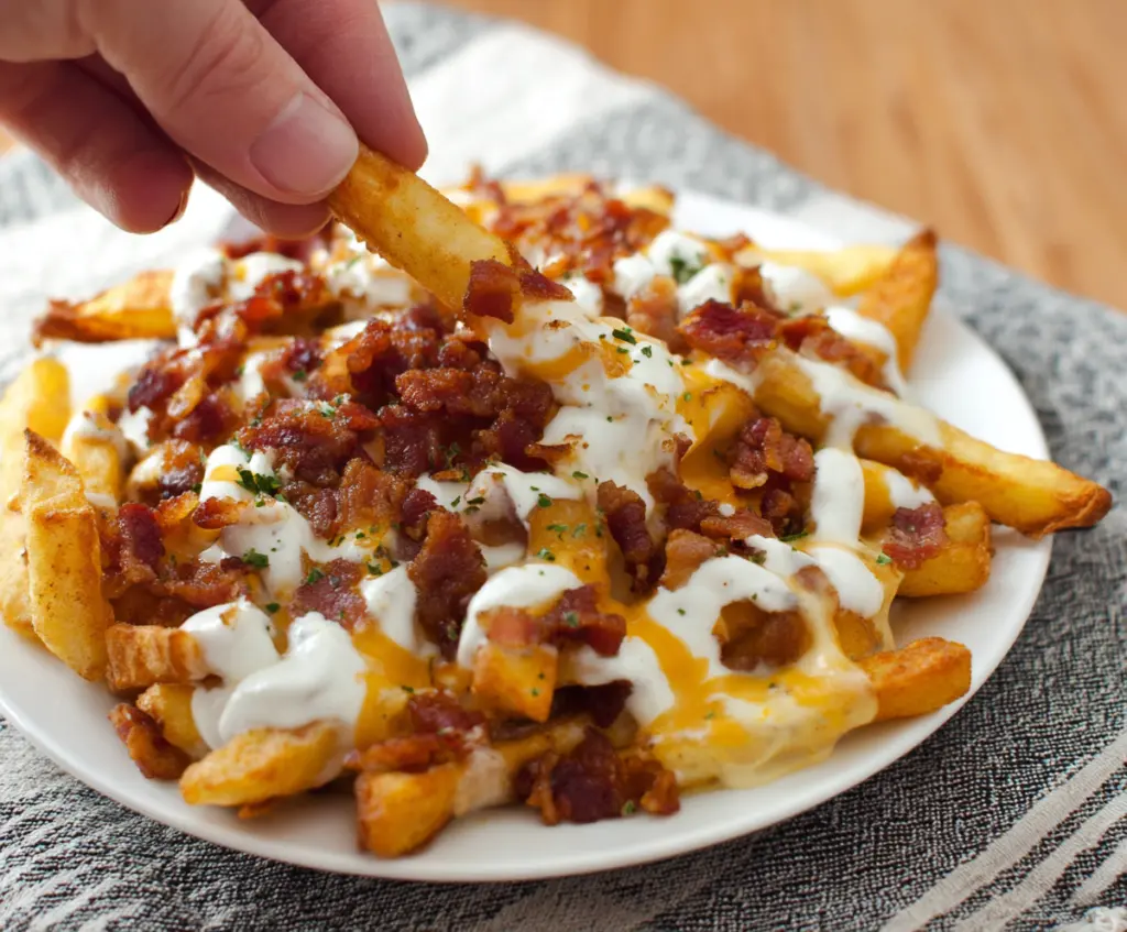 Delicious Loaded Bacon Ranch French Fries topped with crispy bacon, creamy ranch dressing, and fresh herbs.