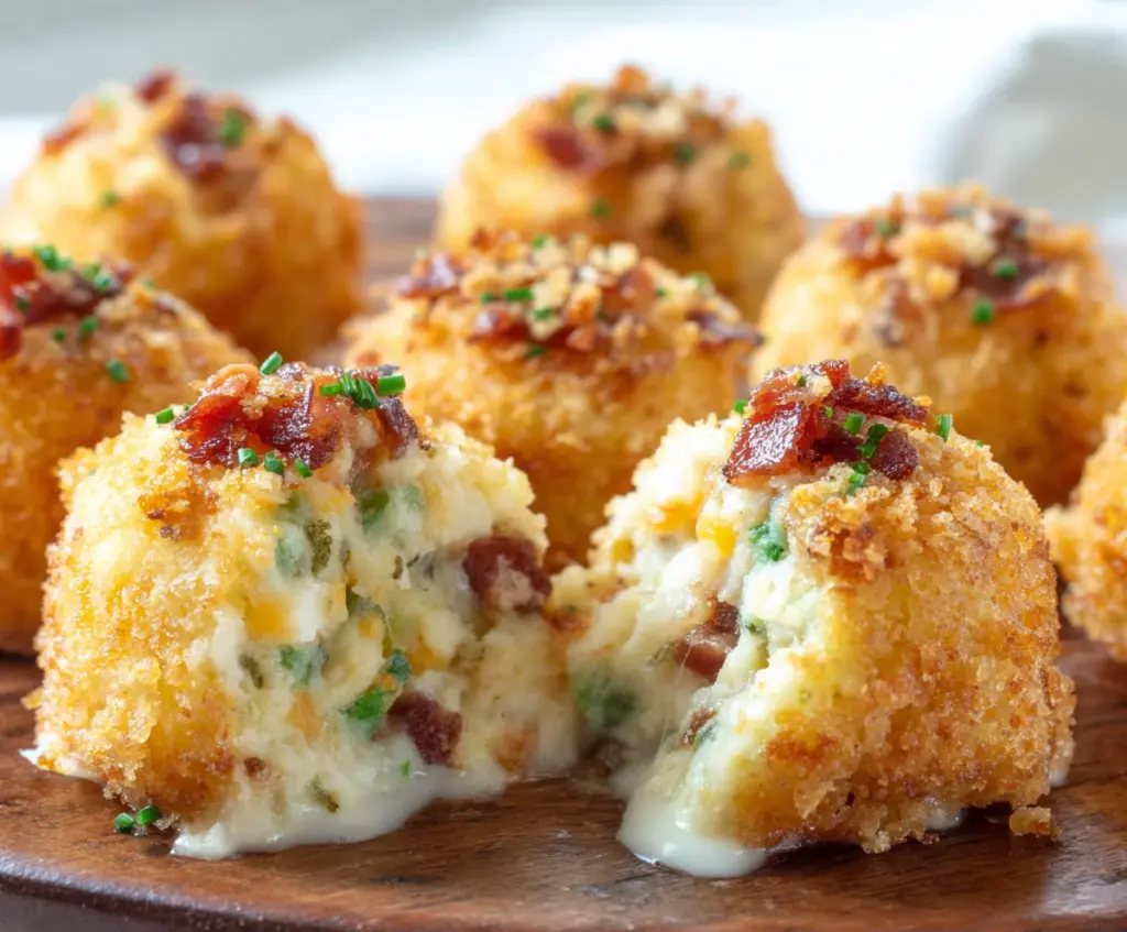 Delicious loaded mashed potato bites topped with cheese, bacon, and green onions on a plate.