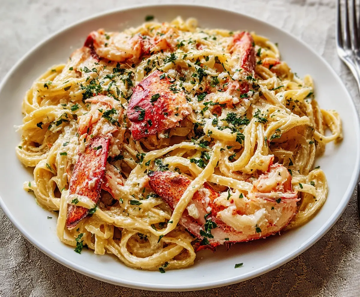 Delicious lobster pasta dish with fresh lobster and flavorful pasta garnished with herbs