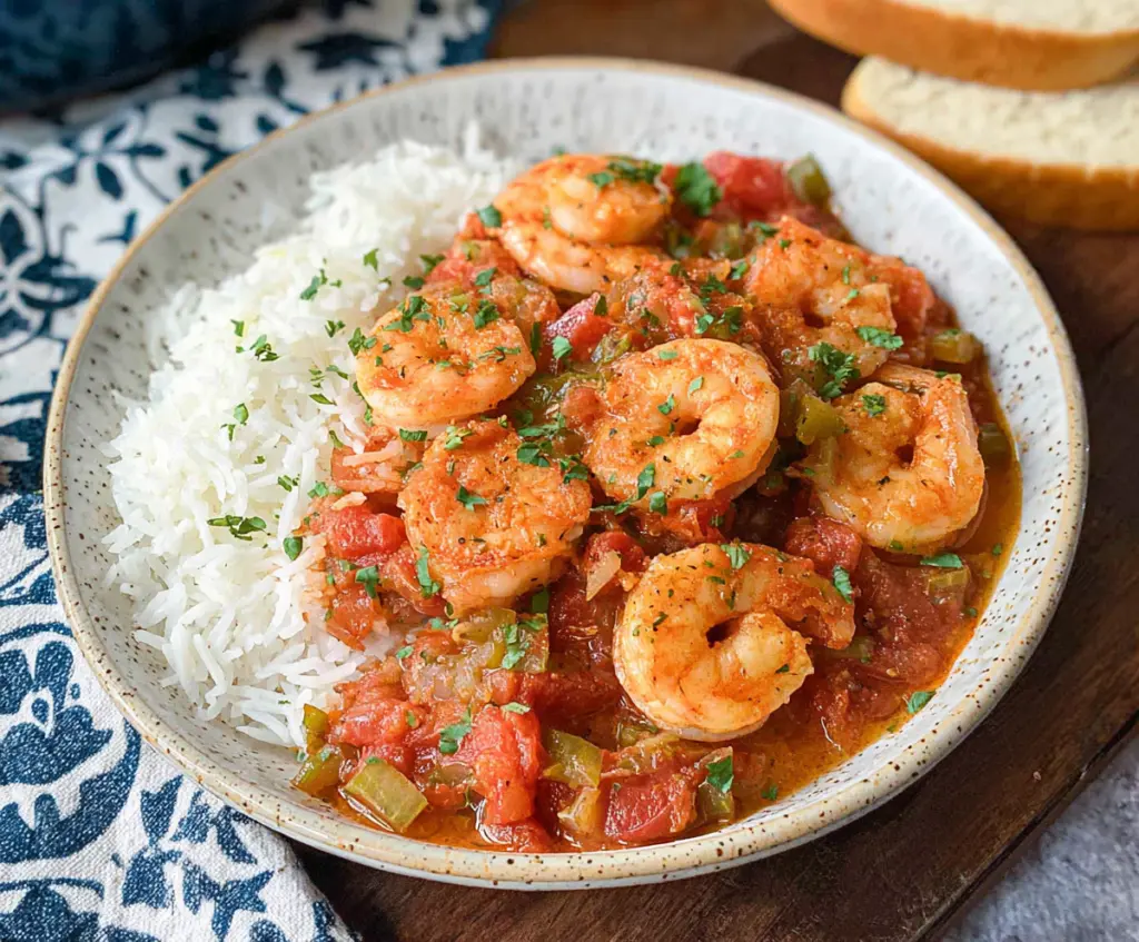 Delicious Louisiana Shrimp Creole served in a rustic bowl with fresh herbs