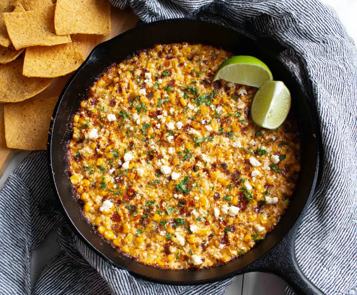 Delicious Mexican Street Corn Skillet Dip topped with cheese and cilantro, served in a skillet for a flavorful appetizer.