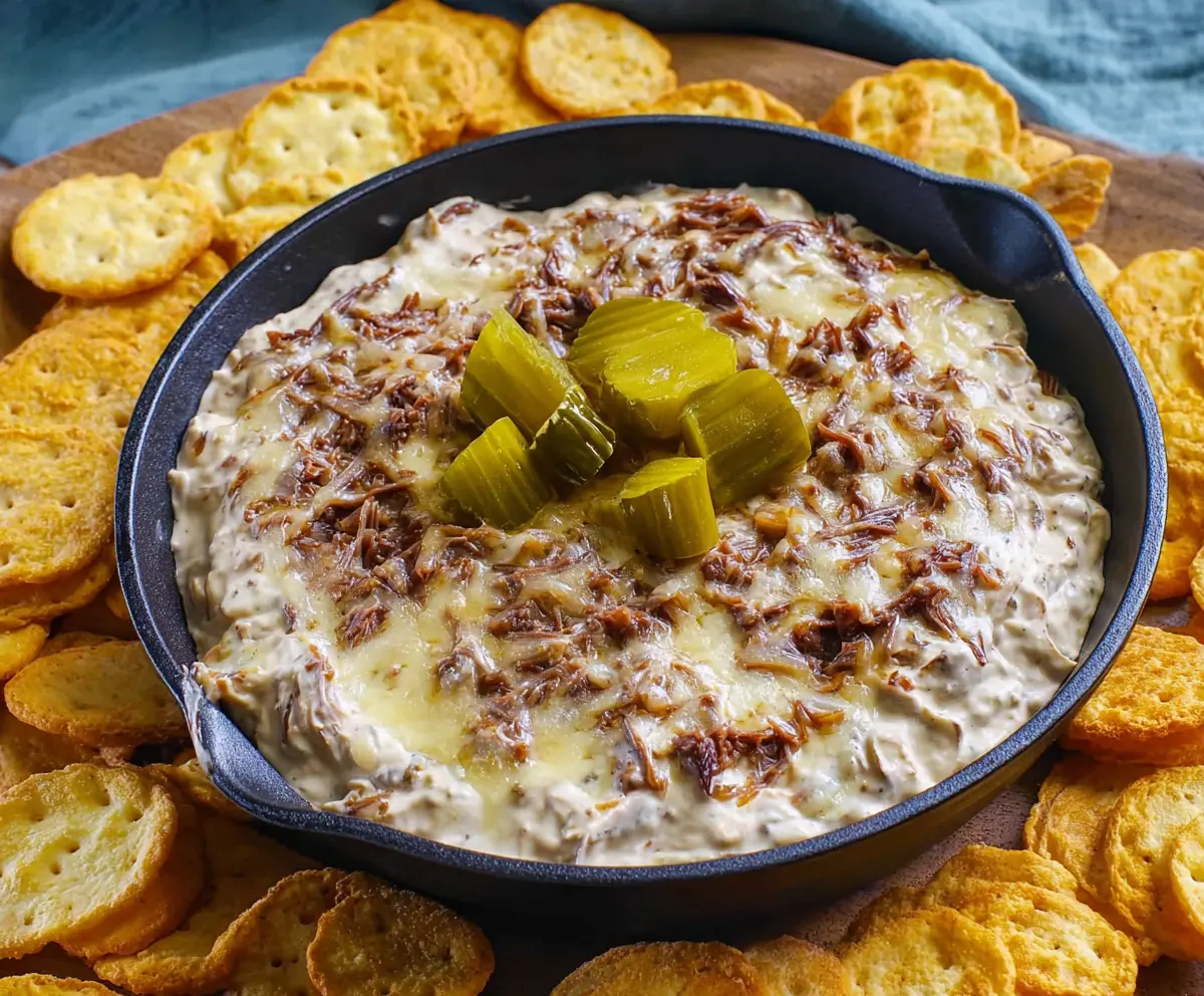 Creamy Mississippi Pot Roast Dip served with fresh vegetables and chips.