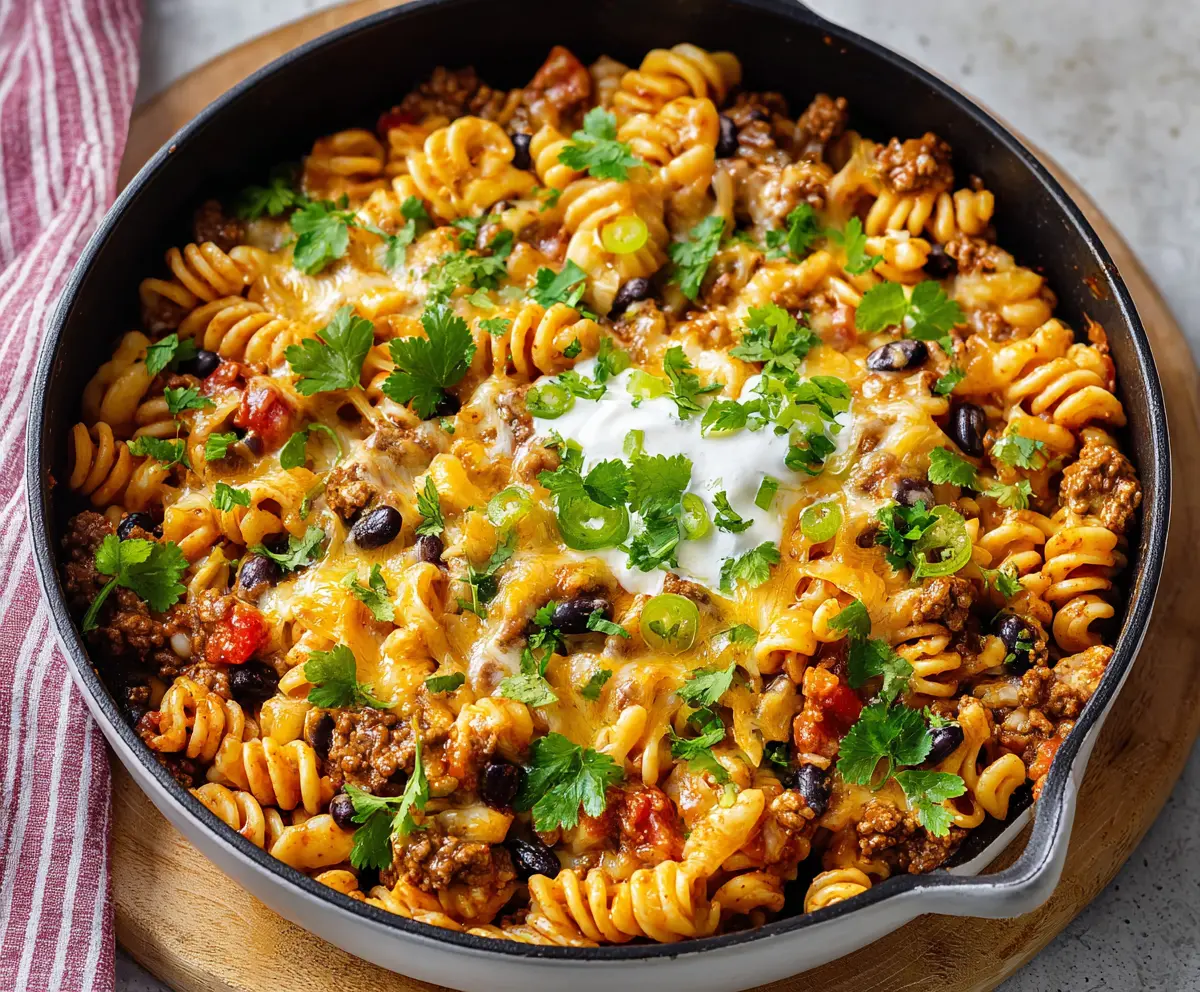 Delicious One Pot Taco Pasta in a skillet with seasoned beef, pasta, and melted cheese.