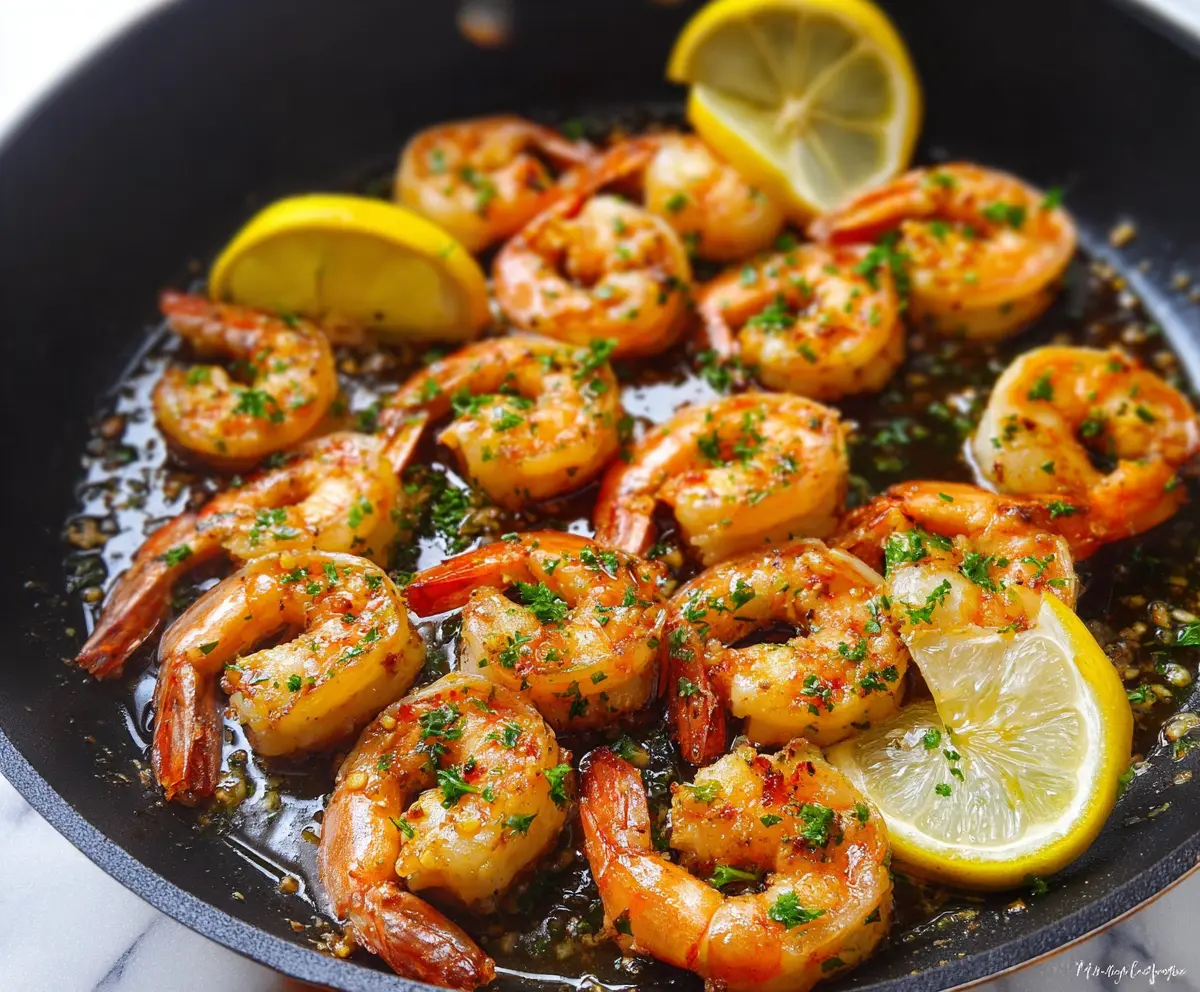 Delicious pan-seared lemon garlic shrimp served on a plate with fresh herbs.
