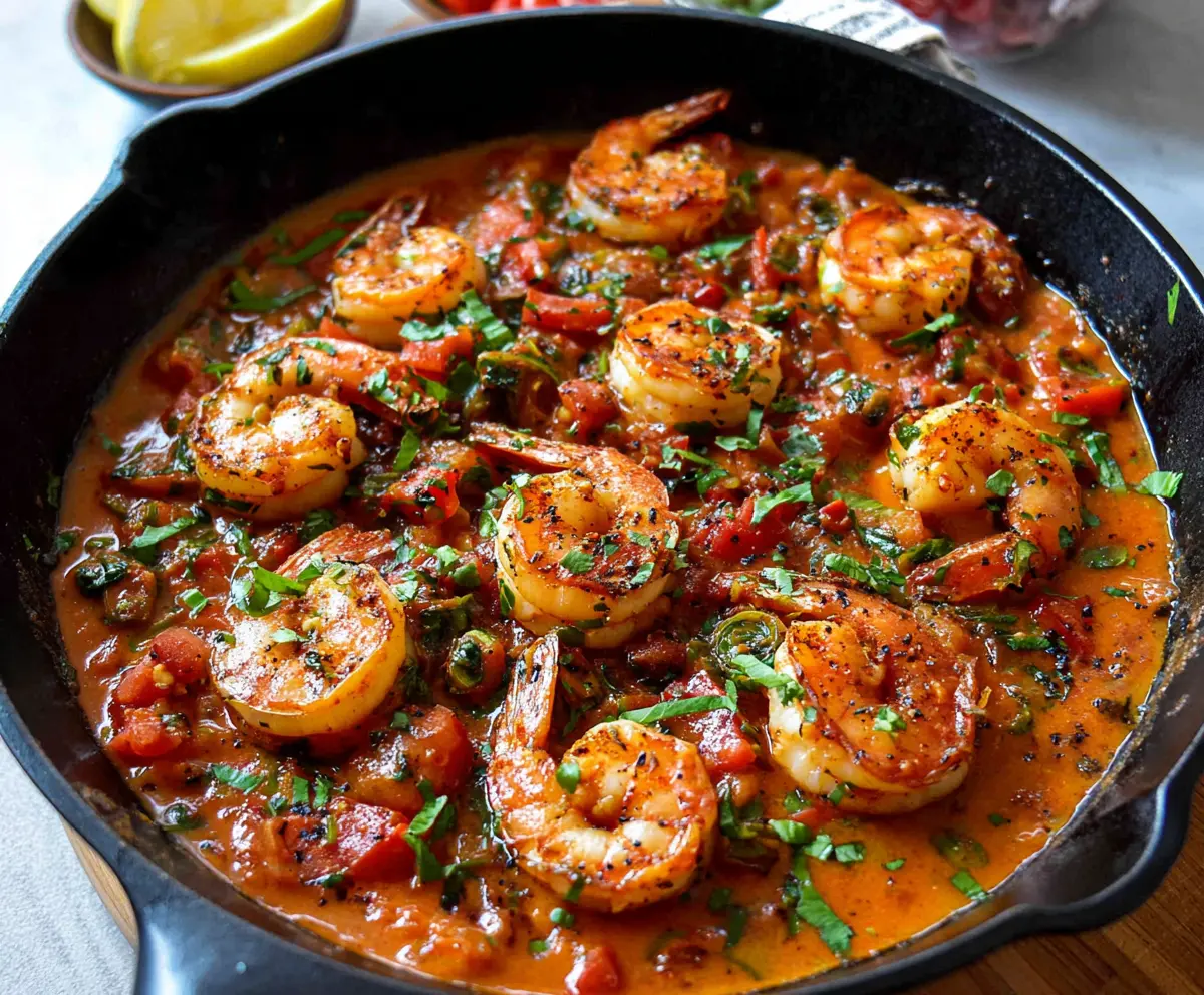Delicious paprika shrimp skillet with vibrant spices served in a skillet