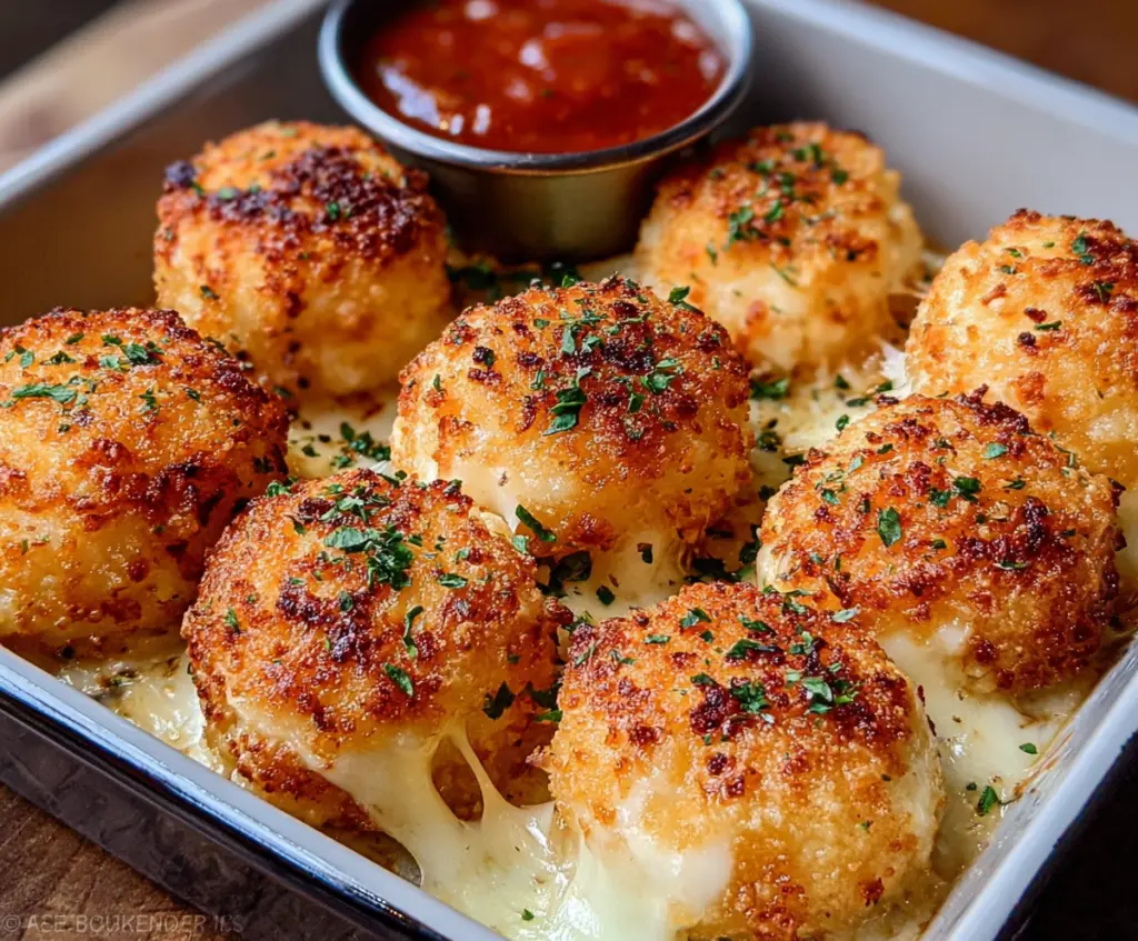 Delicious Parmesan Mozzarella Bites with golden crispy crust served on a white plate.