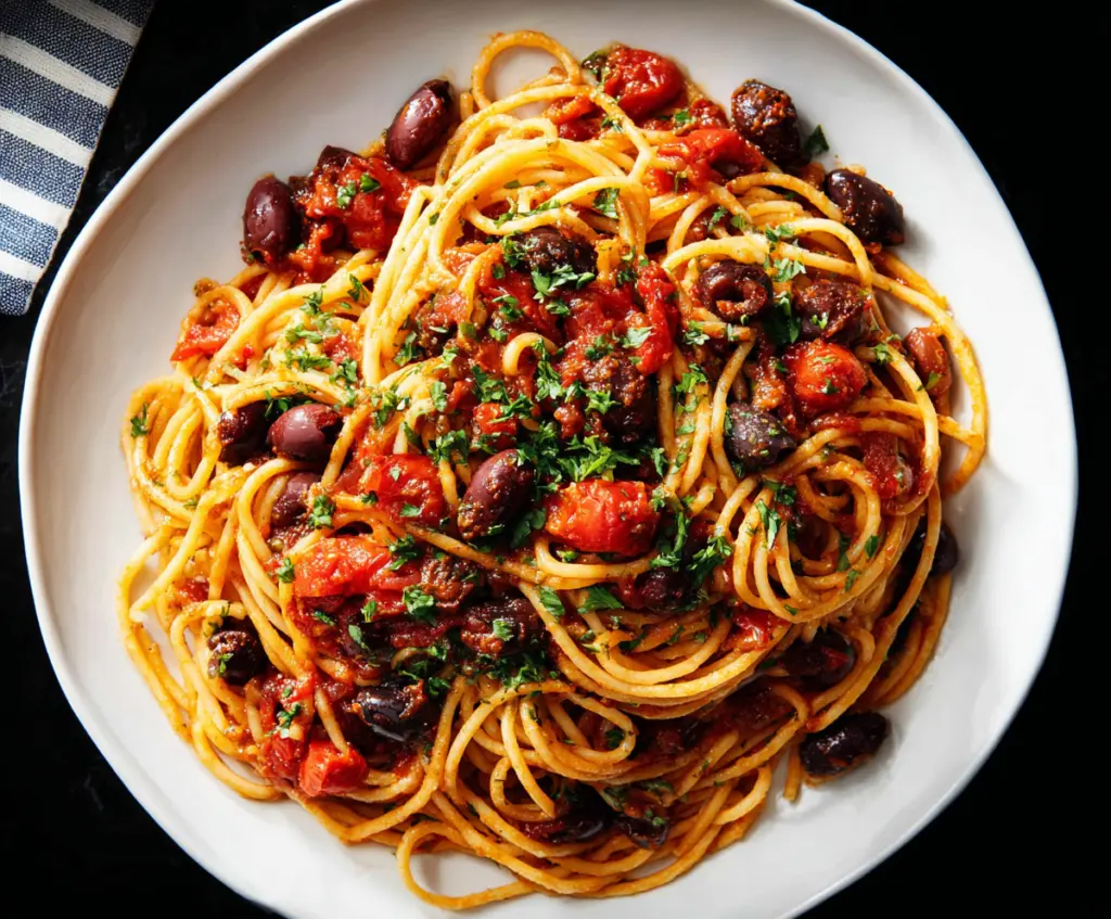 Delicious Pasta Puttanesca with olives, capers, and tomatoes on a plate