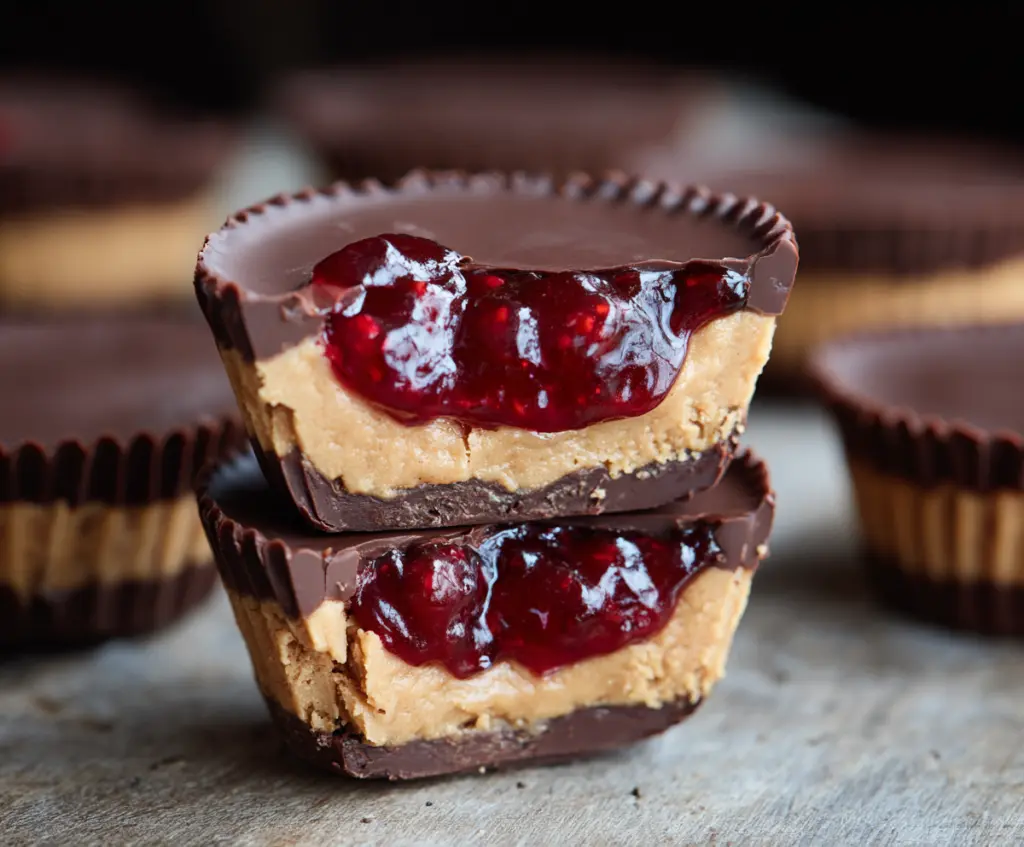 Delicious peanut butter and jelly cups in a clear glass dish, perfect for a sweet snack.