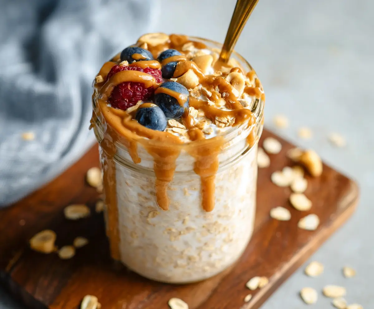 Creamy peanut butter overnight oats in a glass jar with fresh banana slices and chia seeds for a healthy breakfast.