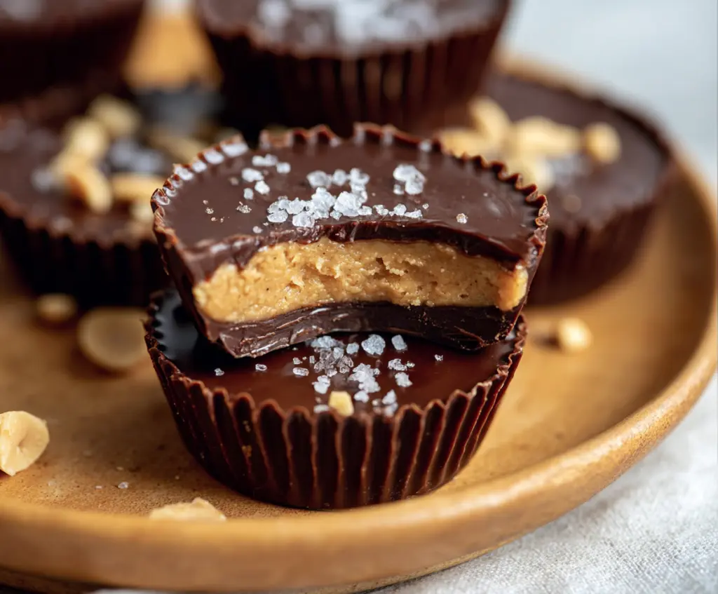 Delicious homemade peanut butter protein cups on a white plate, perfect for a healthy snack.