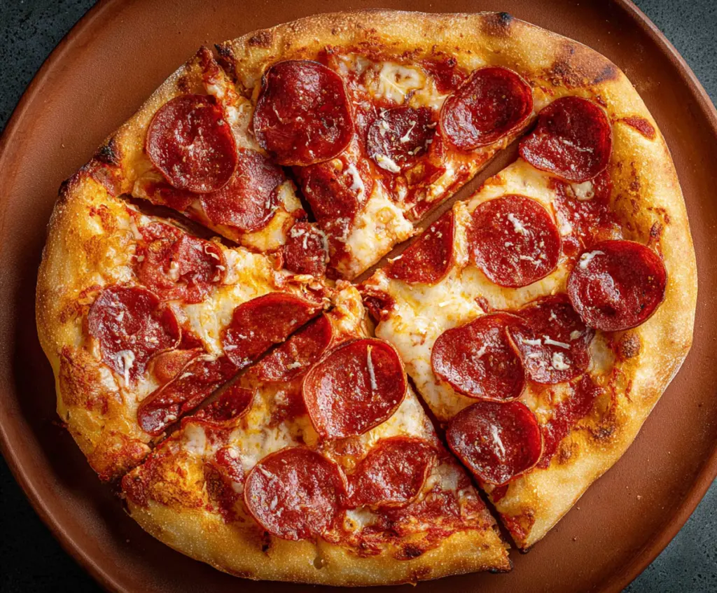 Delicious homemade pepperoni pizza with melted cheese and crispy crust