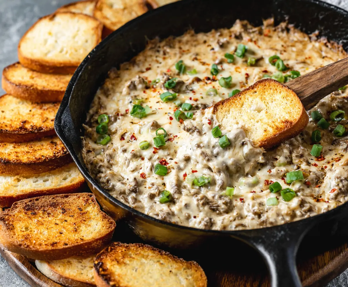 Creamy Philly Cheesesteak Dip with melted cheese, sliced steak, and peppers served in a bowl.