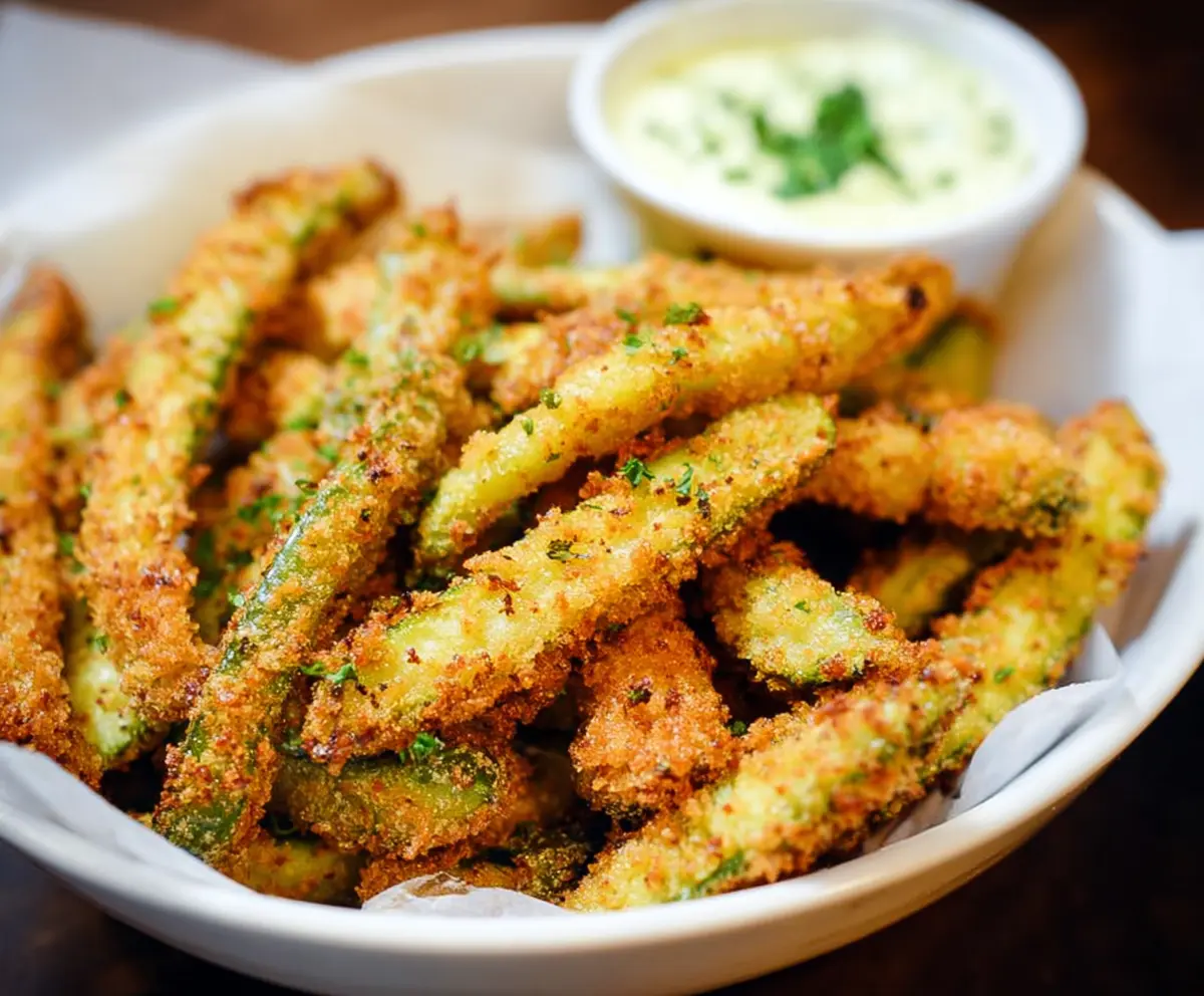 Crispy pickle fries served with dipping sauce, perfect for snacking or appetizer.
