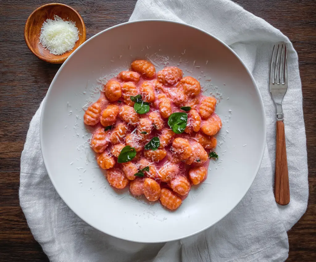 Colorful pink gnocchi dish served on a rustic plate, perfect for a vibrant meal.