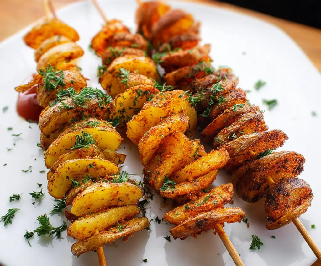 Grilled potato skewers with herbs served on a platter for a delicious appetizer.