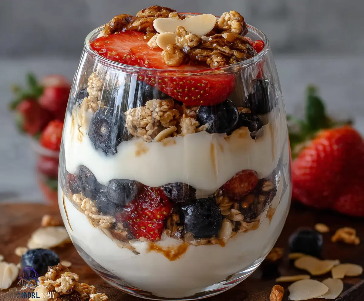 Healthy Protein Yogurt Parfait topped with fresh berries and granola in a glass jar.