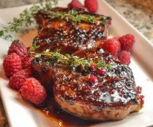 Delicious Raspberry Glazed Pork Chops served with fresh herbs on a plate.