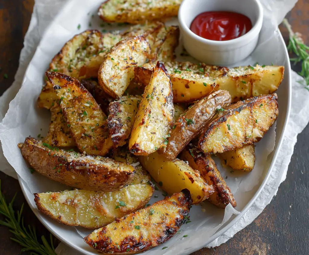 Crispy roasted garlic parmesan potato wedges served on a plate, perfect for a snack or side dish.