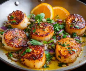 Delicious seared scallops served on a plate with a garnish of fresh herbs.