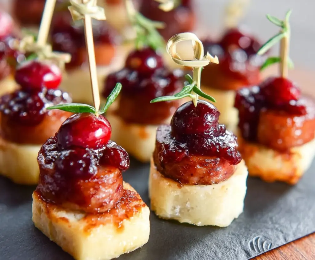Delicious Sheet Pan Smoked Sausage Cranberry Bites served on a platter for a festive appetizer.