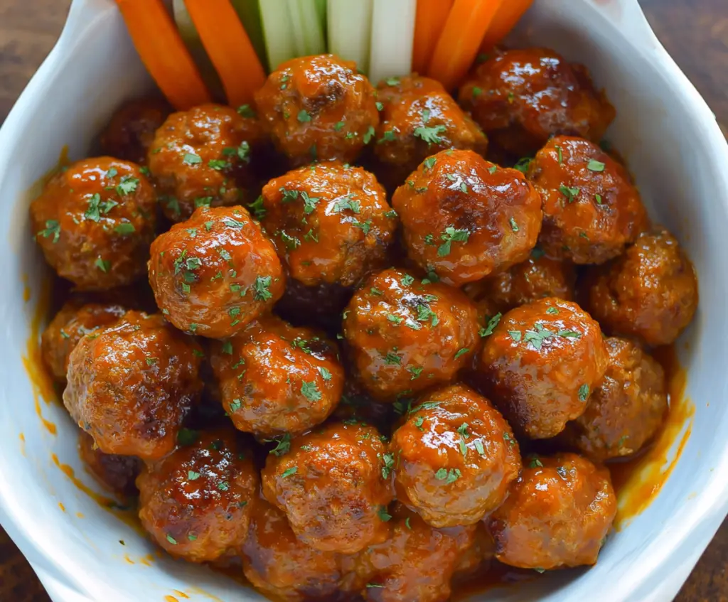 Delicious slow cooker honey buffalo meatballs served in a bowl, showcasing a perfect appetizer or main dish.