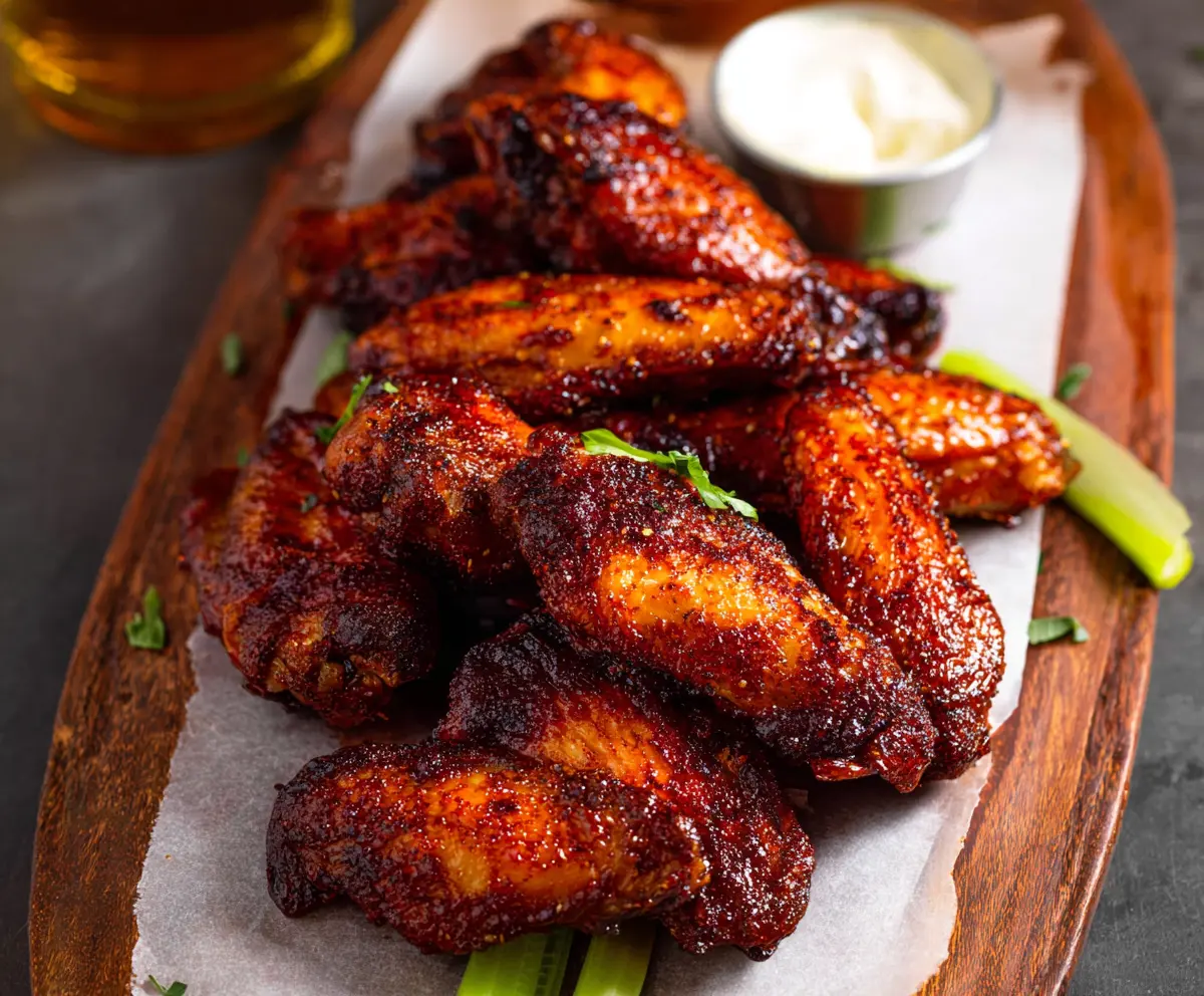 Juicy smoked chicken wings served with a smoky glaze on a rustic platter.
