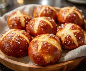 Golden-brown soft pretzel buns fresh from the oven, perfect for sandwiches and burgers