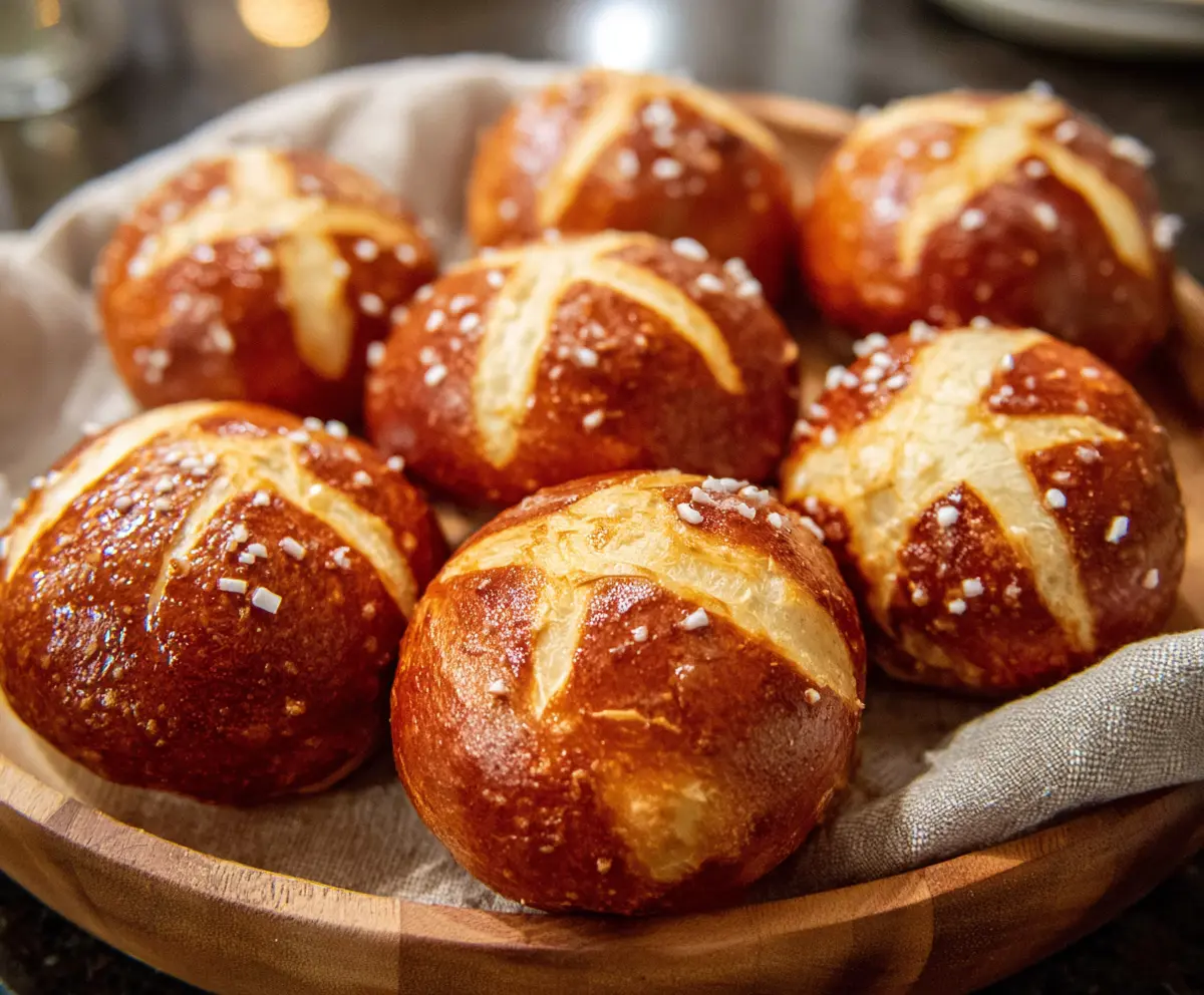 Golden-brown soft pretzel buns fresh from the oven, perfect for sandwiches and burgers