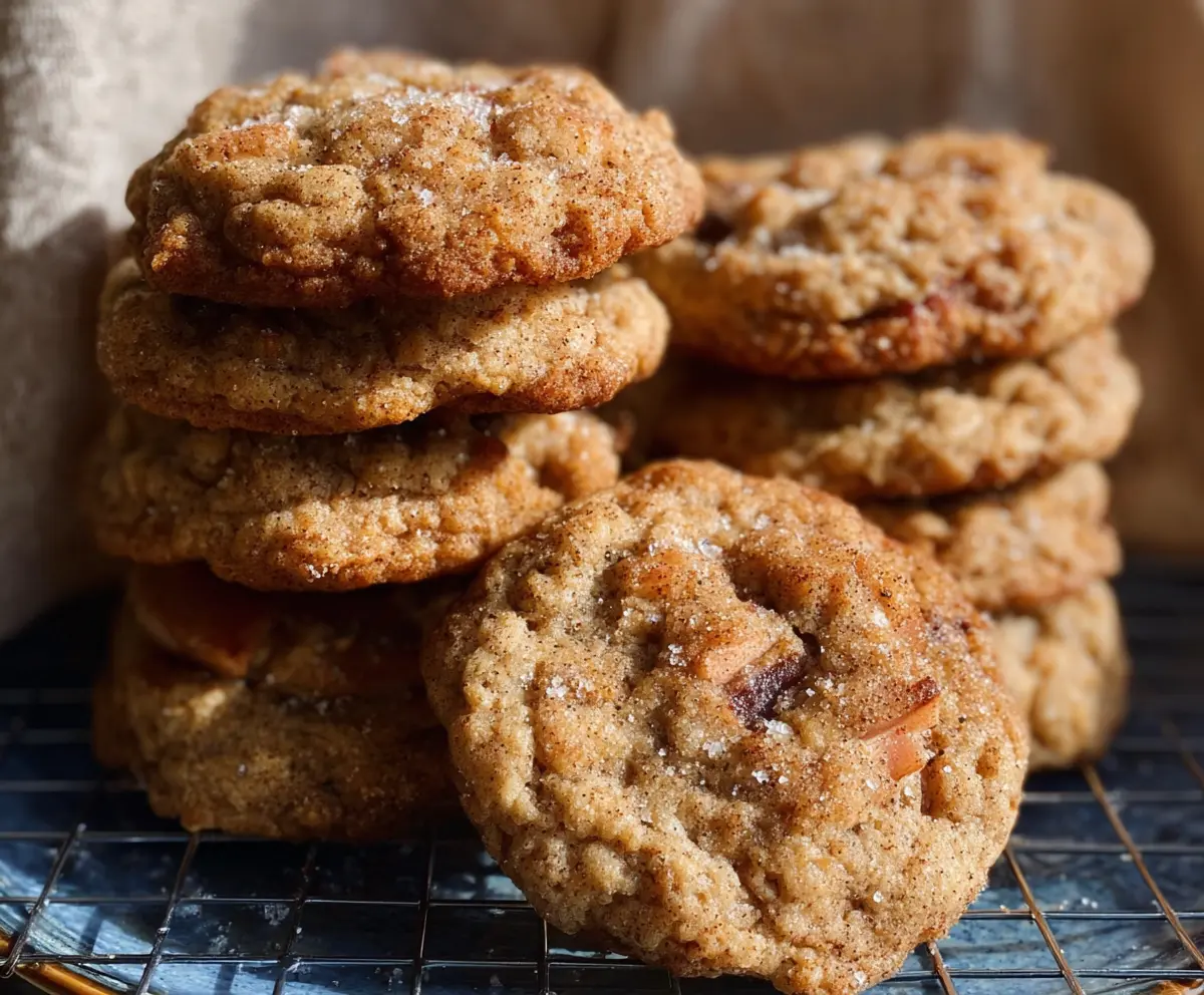 Delicious sourdough apple cider cookies on a wooden platter, with crisp apple slices nearby.