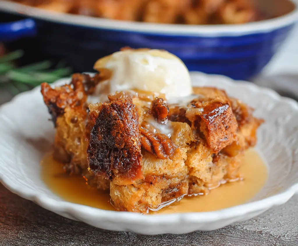 Delicious homemade sourdough bread pudding served with a caramel sauce.