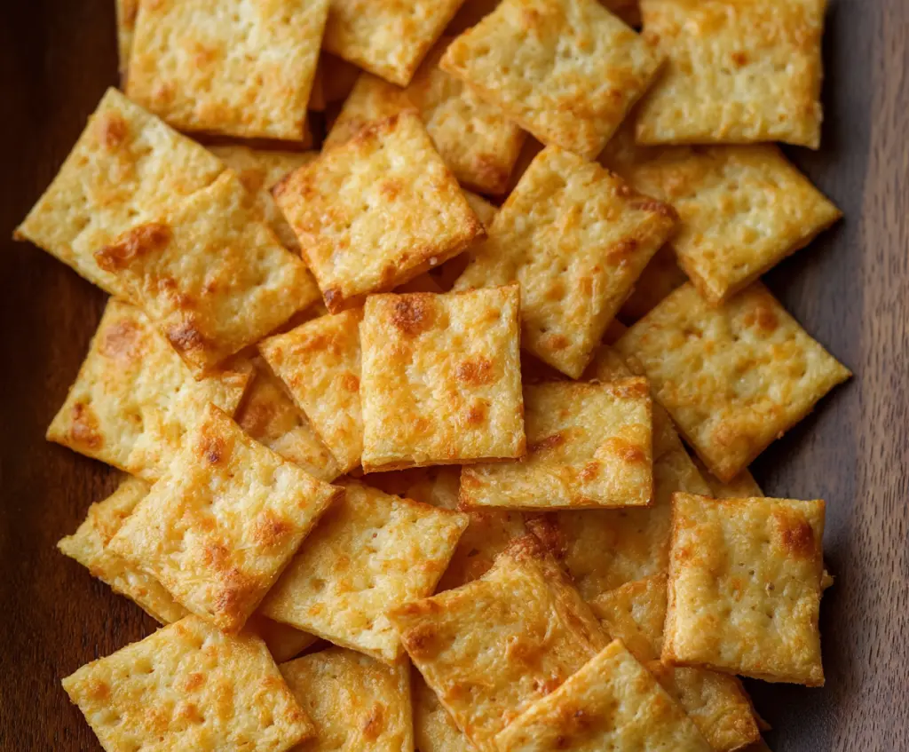 Delicious homemade sourdough cheese crackers on a wooden platter with cheese and almonds.
