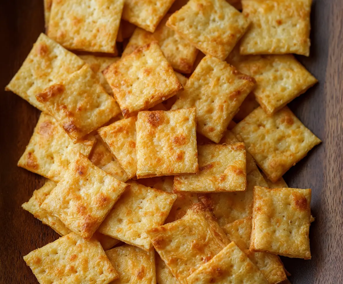 Delicious homemade sourdough cheese crackers on a wooden platter with cheese and almonds.
