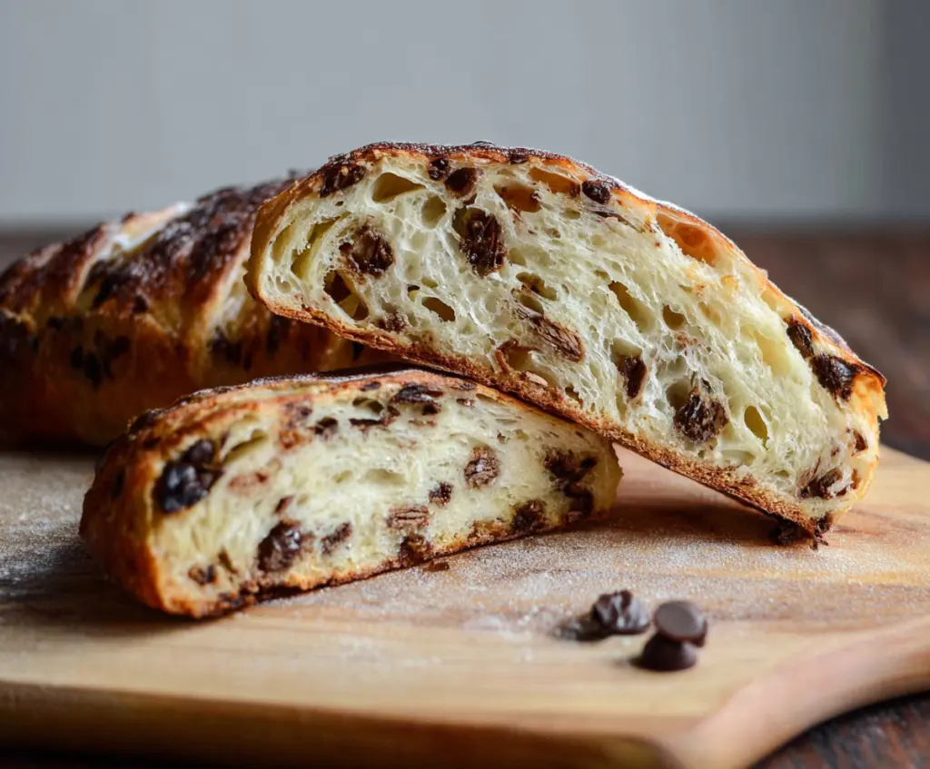 Delicious sourdough chocolate chip croissant bread on a rustic cutting board, showcasing golden-brown crust and melted chocolate chips.