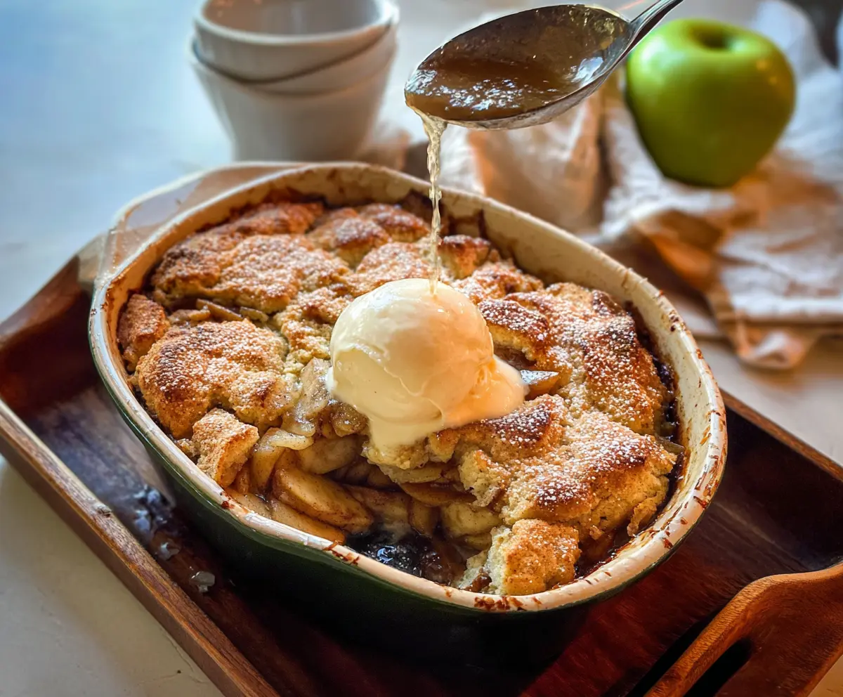 Delicious sourdough discard apple cobbler topped with golden crust and fresh apple slices.