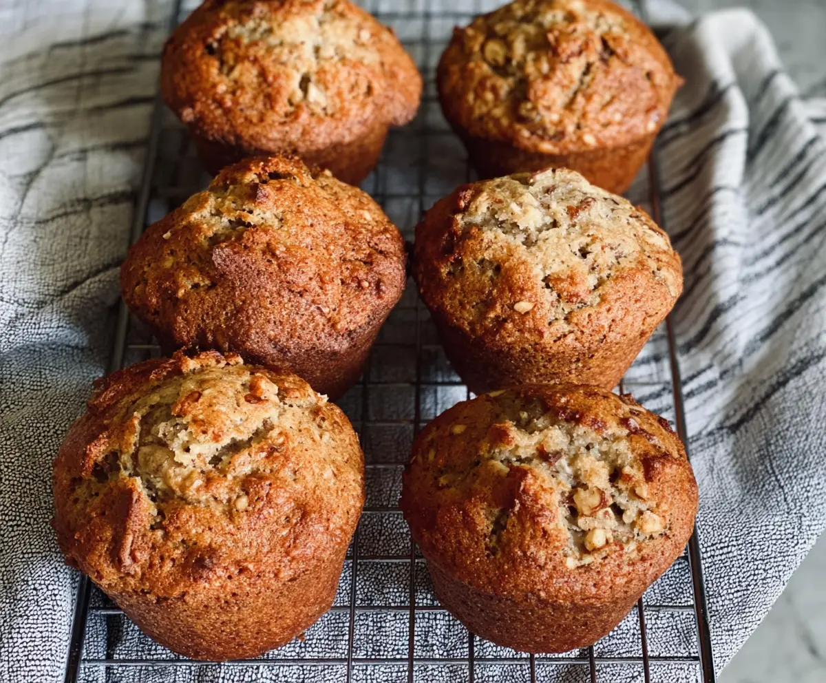 Delicious sourdough discard banana bread muffins topped with fresh bananas and nuts.