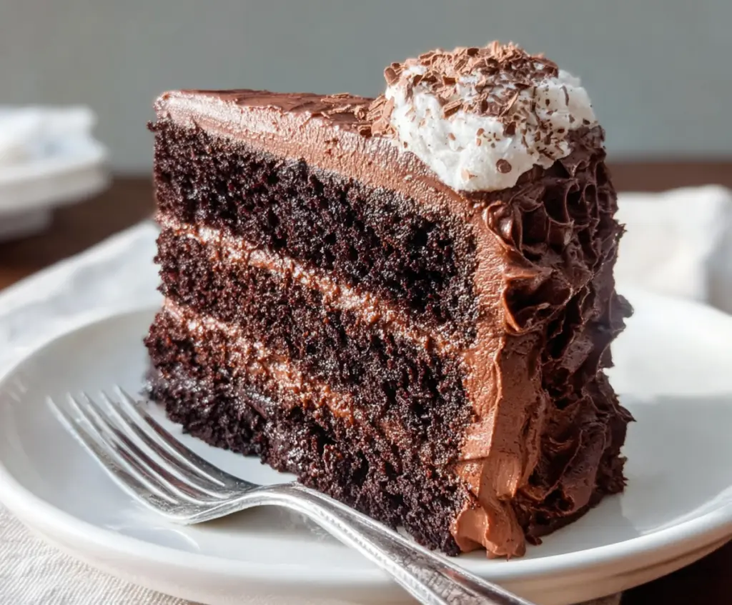 Delicious sourdough discard chocolate cake with rich frosting, perfect for dessert lovers.