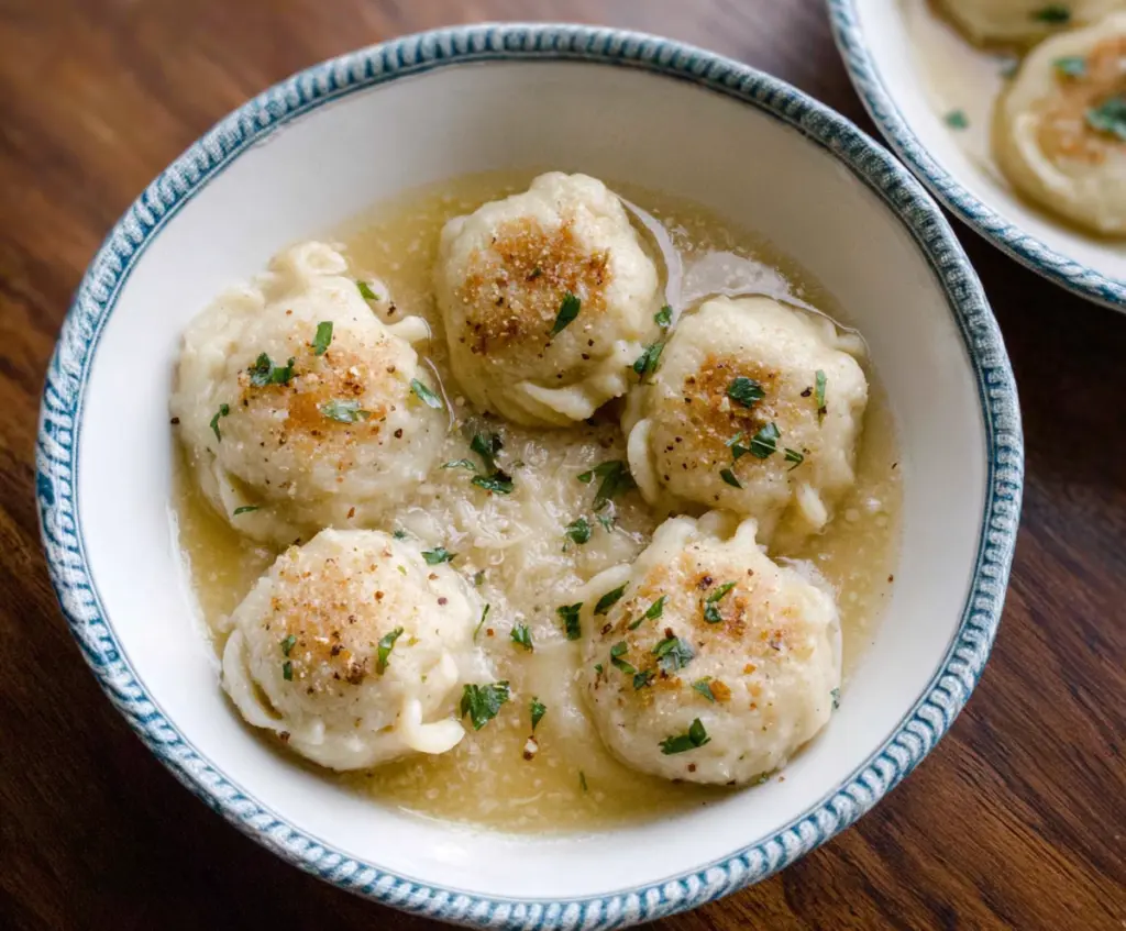 Homemade sourdough discard dumplings on a rustic plate, showcasing their golden-brown and crispy exterior.
