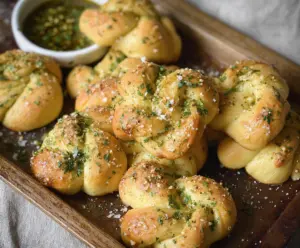 Delicious sourdough discard garlic knots on a wooden board, freshly baked and garnished with herbs.