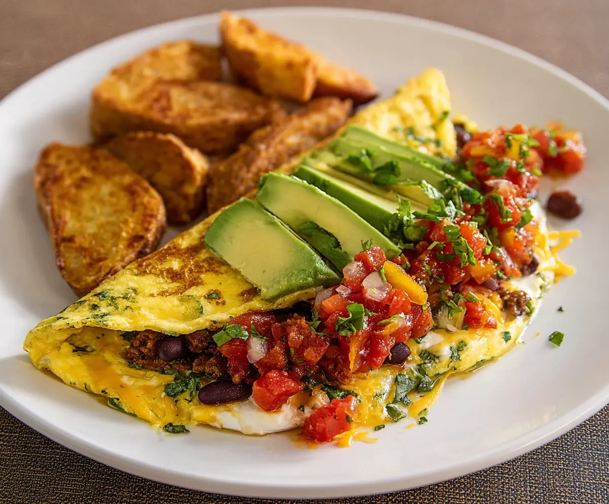 Delicious Southwest Omelet filled with colorful peppers, onions, and melting cheese