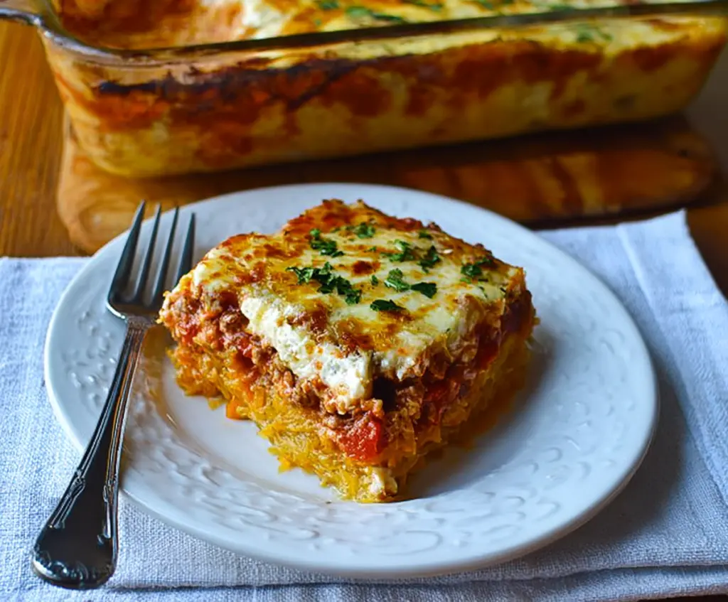 Delicious spaghetti squash lasagna with layers of cheesy tomato sauce and tender squash slices.