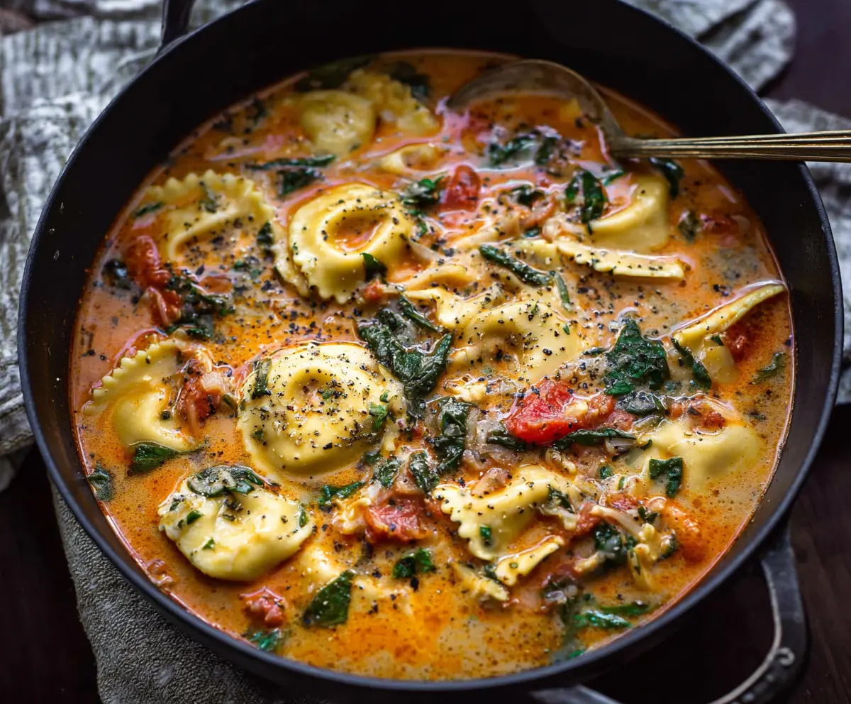 A steaming bowl of Tuscan Ravioli Soup with fresh herbs and melted cheese on top.
