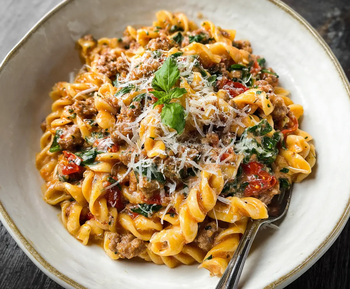 Delicious Tuscan sausage pasta with rich tomato sauce, fresh herbs, and melted cheese.