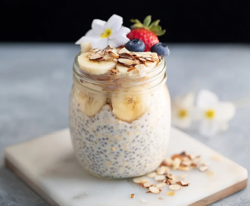 Creamy vanilla overnight oats in a glass jar topped with fresh berries and a drizzle of honey.