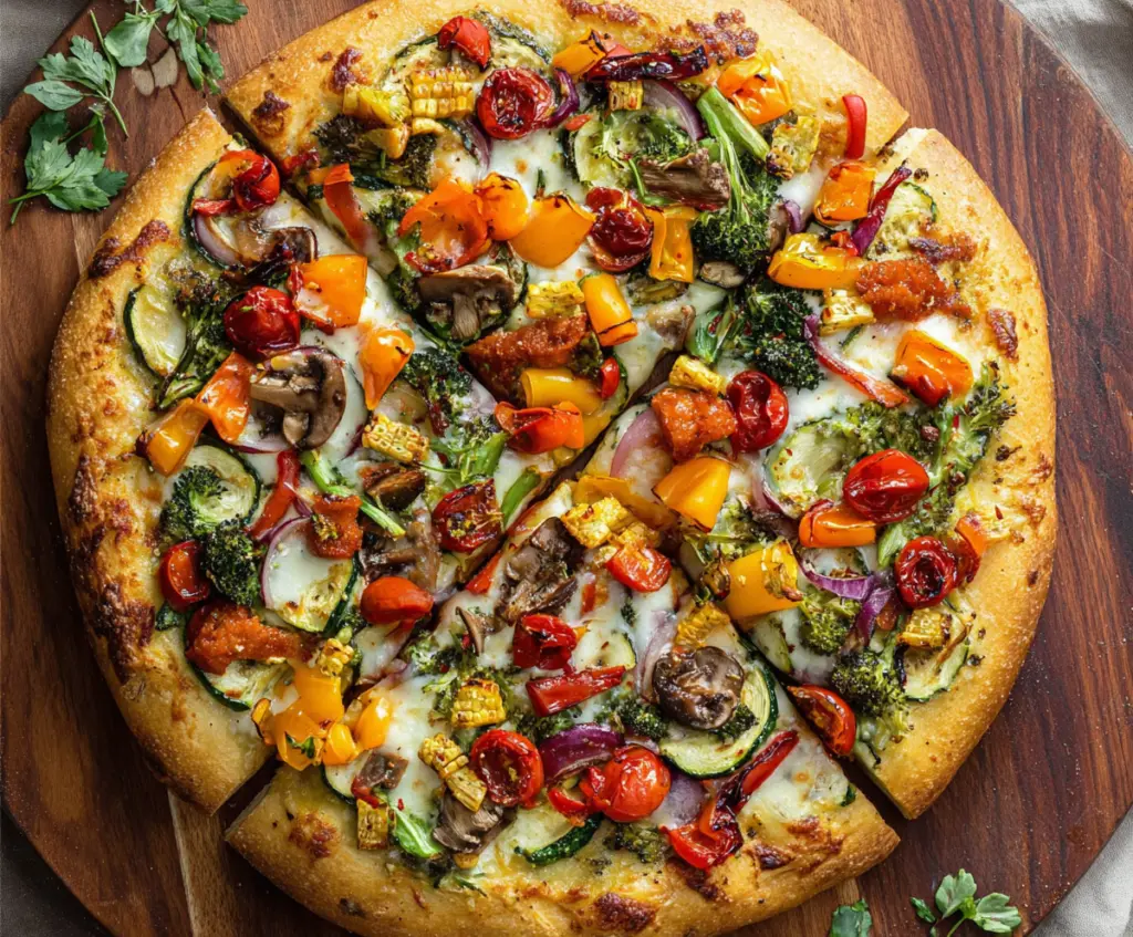 Colorful veggie pizza topped with fresh vegetables and melted cheese, perfect for a healthy meal.
